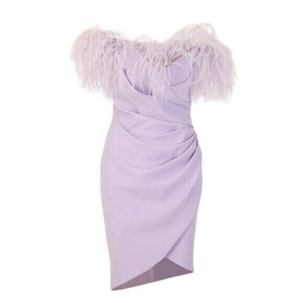 Pamella Roland Ostrich Feather Off The Shoulder Crepe Cocktail Dress in Lilac